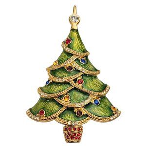Christopher Radko Green Enamel Christmas Tree Brooch Rhinestone Pin, Signed L650